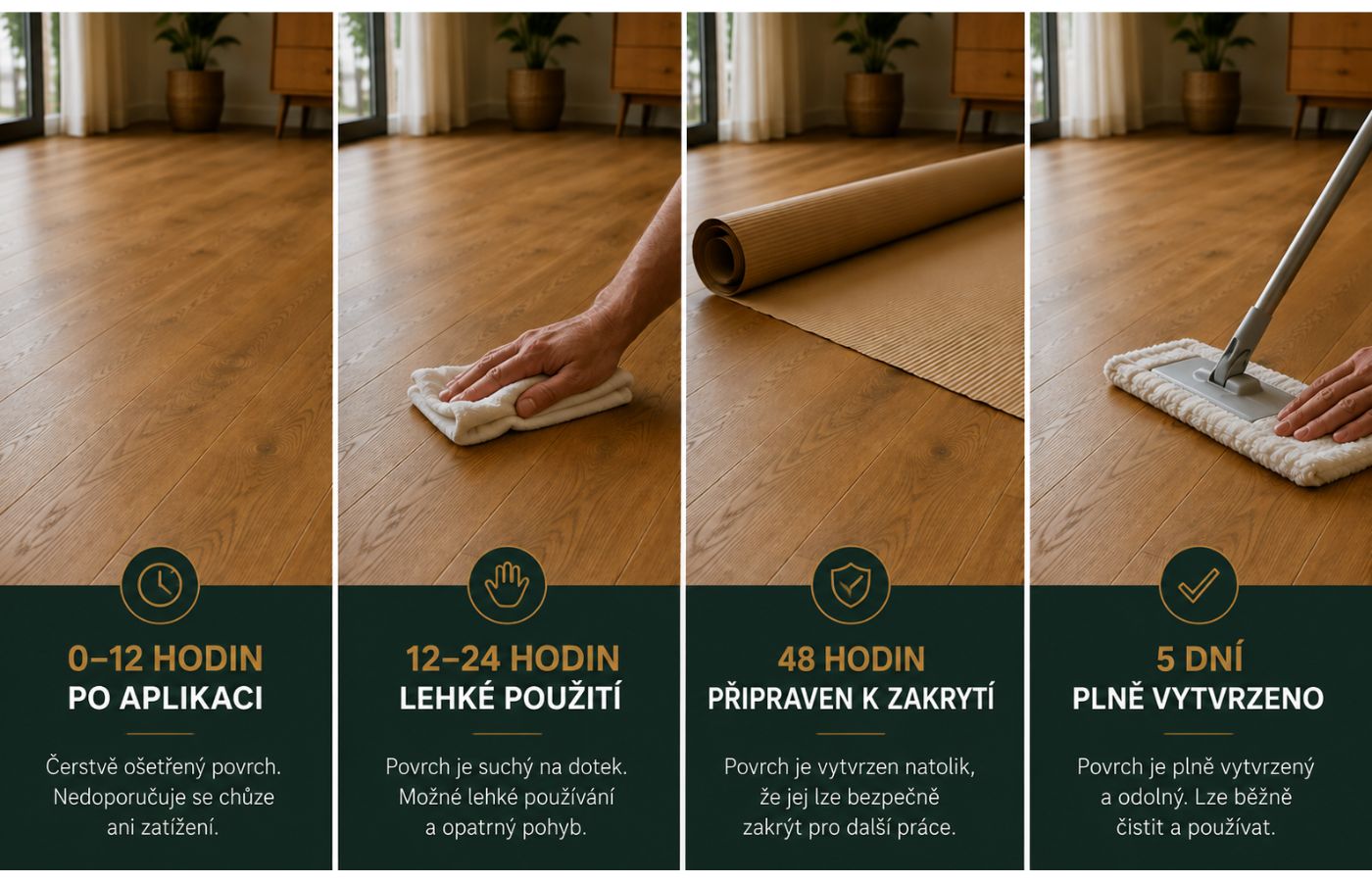 Časová osa schnutí a vytvrzení Oil Plus 2C od aplikace do pěti dnů